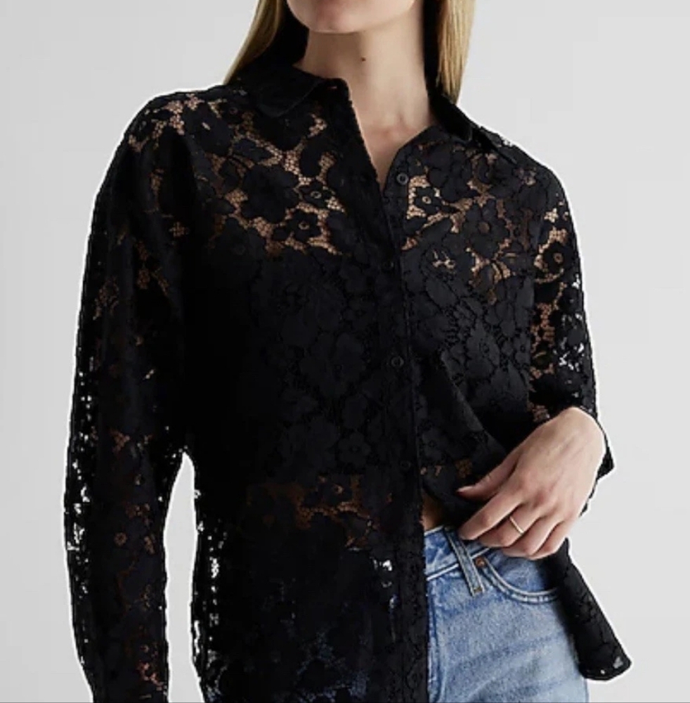 Express Black Sheer Lace Button-Up Blouse | Sexy Elegant Top | Size S